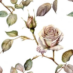 Elegant blush roses and leaves watercolor seamless pattern on white tile pattern