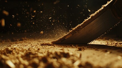 A close-up of a handsaw cutting through a wooden plank, with sawdust scattered around, symbolizing carpentry and construction.