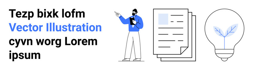 Man presenting reports with stack of documents and lightbulb with plant sprout inside. Ideal for business, education, innovation, sustainability, presentations, progress, simple landing page