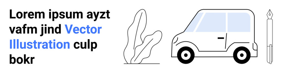 Small car, abstract plant, and pen represent modern design, transportation, stationery, creativity, eco-living, minimalism and education. Ideal for branding sustainability and a simple landing