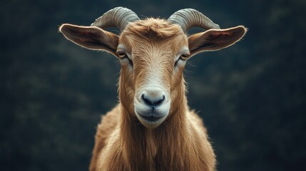 Fototapeta premium Portrait of a Brown Goat with Horns Looking at Camera