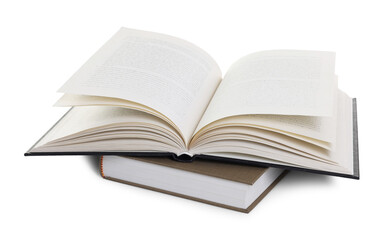 Closed and open hardcover books isolated on white