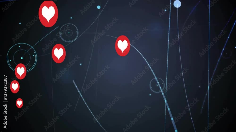 Poster animation of red heart icons floating over digital network lines on dark background