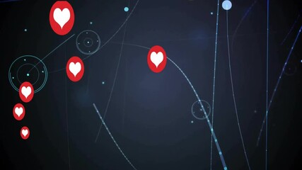 Animation of red heart icons floating over digital network lines on dark background - Powered by Adobe