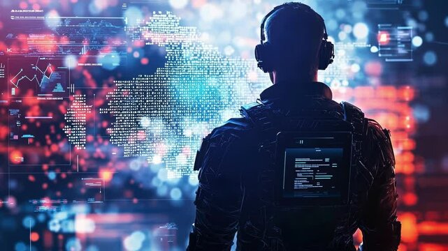 A closeup of a gaming character stands alert with a holographic display behind them showcasing realtime statistics on network security including active anticheat measures and threat