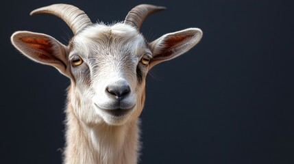 Fototapeta premium Goat Portrait with Horns Looking at Camera Against Dark Background