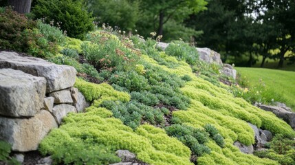 Vibrant Green Ground Cover Plants on Landscape Hill with Rocks