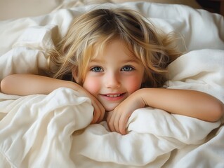 Cozy morning fun with a 5 year old girl hiding under a warm blanket in a comfortable bedroom
