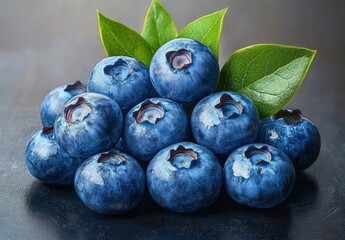 Fresh Blueberries with Green Leaves on White Background Top View