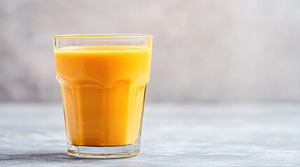 Fresh orange juice in clear glass with pale background