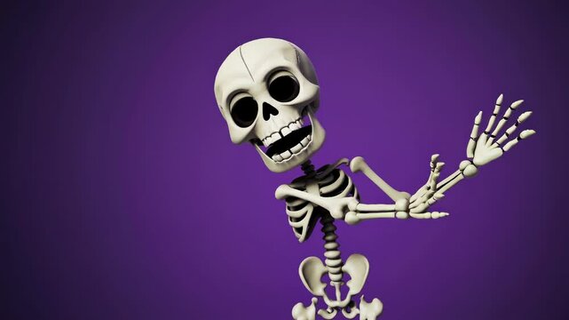 A playful 3D skeleton dances against a vibrant purple backdrop. The video uses a low-angle shot to emphasize the character's whimsical movement. Live desktop wallpaper.