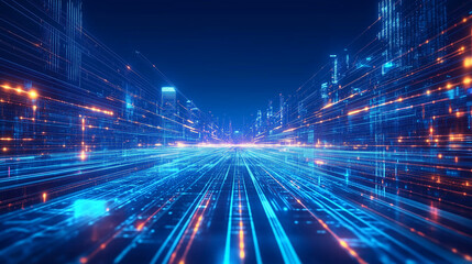 Obraz premium astarte.ai: Digital Cityscape with Blue and Orange Light Trails