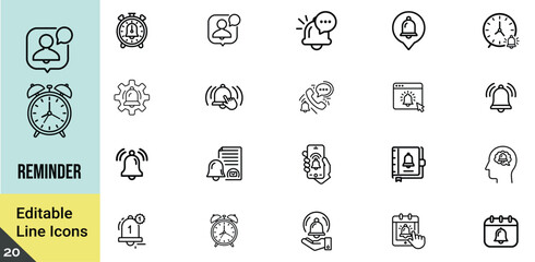 Reminder Line Icons Set - Alarm, Bell, Calendar, Clock, Notification, Organizer, Pixel Perfect Vector