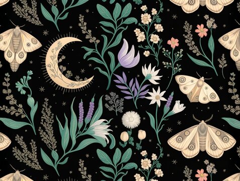 Elegant seamless design featuring vintage-style moths, wildflowers, and a crescent moon on a dark starry background. Ideal for fabric and decor.