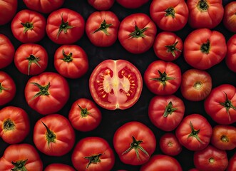 Arrangement of Fresh Red Tomatoes with One Cut Tomato Overhead View
