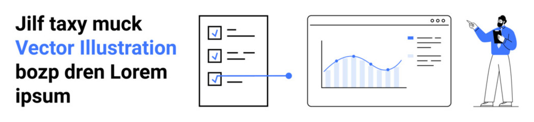 Minimalist graphic featuring a checklist, data chart with growth trends, and presenter pointing with a pen. Ideal for productivity, analytics, workflow, education, business plans, training simple
