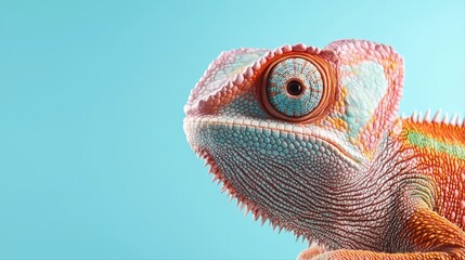 Fototapeta premium Colorful chameleon on blue background close-up