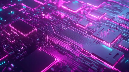 Fototapeta premium Abstract glowing circuit board with pink and blue light, futuristic tech concept