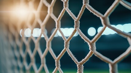 Fototapeta premium Close-up view of soccer goal netting in stadium light
