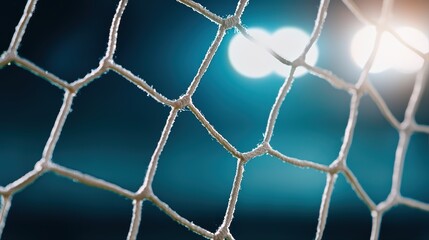 Fototapeta premium Close-up of a soccer net with blurry lights