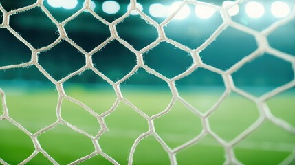 Fototapeta premium Close-up of soccer goal net with blurred field background