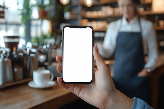 Hand Holding Smartphone in Retail Environment with Blank Screen for Payment and Shopping Applications