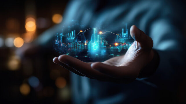 A businessman holding holographic graphs and charts, representing the stock market or financial data in his hand. The background is dark with blurred lights creating an atmosphere of business activity