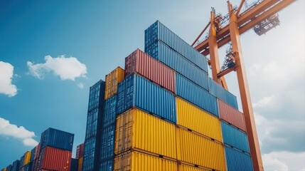 Fototapeta premium Colorful shipping containers at dock with crane