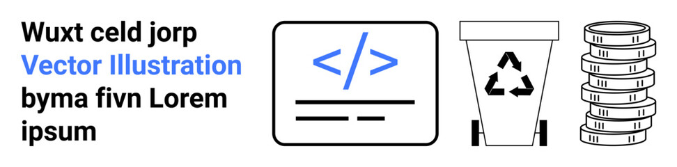 Blue coding symbol on monitor, recycling bin, coin stack. Ideal for green technology, sustainability, eco-friendly coding, digital finance, waste management, environment and simple landing page