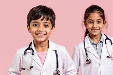 Fototapeta premium Two Young Children Dressed as Doctors with Stethoscopes on a Pink Background, Smiling Happily and Portraying Future Medical Ambitions