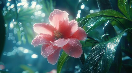 Fototapeta premium Pink flower, rain droplets, lush tropical garden, glowing bokeh