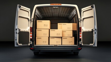 Delivery van trunk reveals neatly organized brown boxes for efficient logistics management in a professional setting