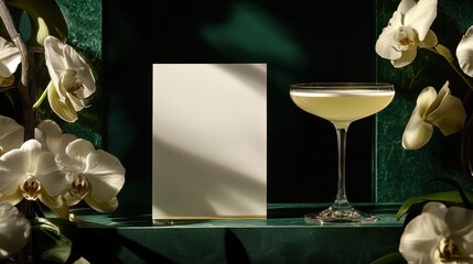 Elegant cocktail presentation showcasing a blank white menu beside exquisite drinks on an emerald platform, adorned with delicate orchid accents and soft lighting