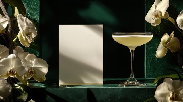 Elegant cocktail presentation showcasing a blank white menu beside exquisite drinks on an emerald platform, adorned with delicate orchid accents and soft lighting - Powered by Adobe