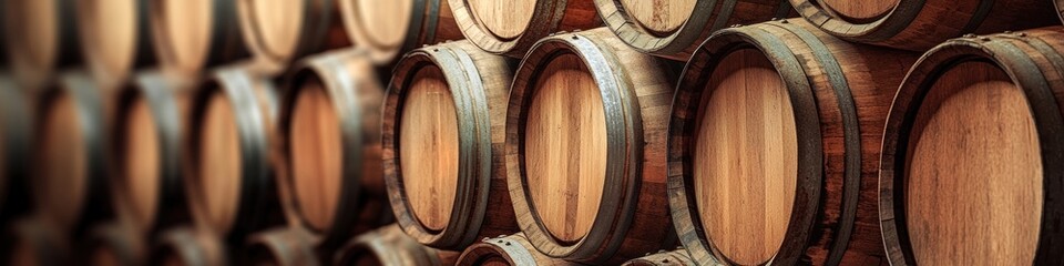 Wooden barrels stacked in a cellar