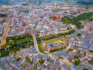 Aerial panoramic view of small Spanish city of Ponferrada overlooking ancient Templar castle