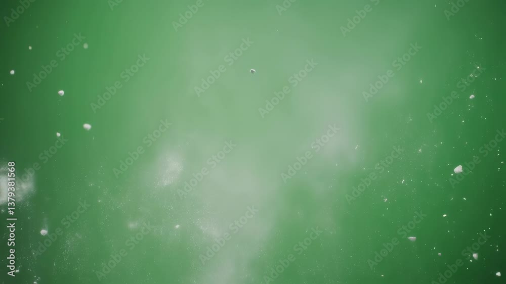 Poster white powder is exploding against a vibrant green screen backdrop, creating a dynamic visual effect 