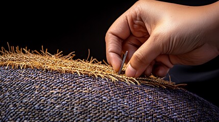 Close-up of a skilled artisan hand stitching intricate details on a textured fabric piece