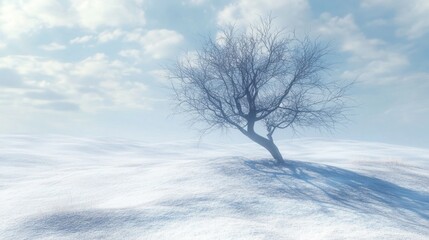 Fototapeta premium Solitary Tree on Snowy Landscape Under Soft Blue Sky