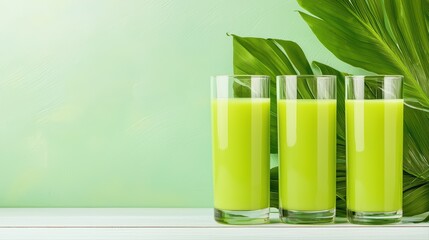 Fresh green juice in glasses with tropical leaves
