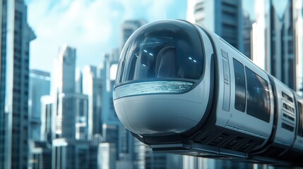 Futuristic monorail in urban city landscape