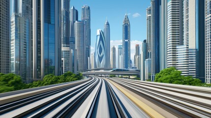 Modern urban skyline with dynamic transportation lines