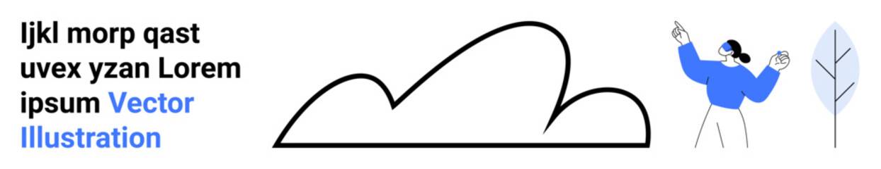 Simplistic cloudline with abstract human figure gesturing, accompanied by minimal tree and placeholder text. Ideal for technology, creativity, education, teamwork, communication, simplicity, simple