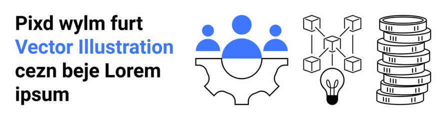 Abstract teamwork icon inside gear, blockchain network, stack of databases, and a glowing lightbulb. Ideal for business, innovation, data, network design, technology blockchain simple landing page