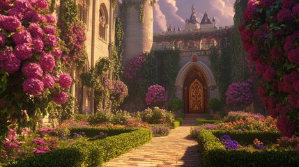 Fototapeta premium A beautifully landscaped garden leading to an ornate castle entrance, featuring lush foliage and vibrant pink flowers. The path, made of cobblestones, guides the viewer toward intricately designed woo