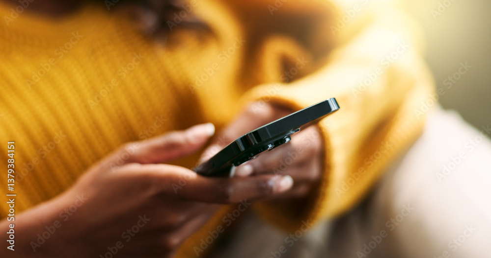 Aufkleber Hands, connection and using phone on sofa for scroll, typing and text message at home. Female person, network and mobile app for creating profile, chat and explore on dating website in living room