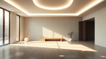 A minimalist sunlit interior featuring natural wood and neutral tones