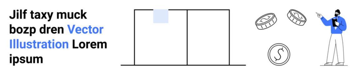 Man in blue jacket points at presentation board with rectangles while coins symbolize financial success. Ideal for finance, business strategy, investment, profit tracking, growth, savings, simple