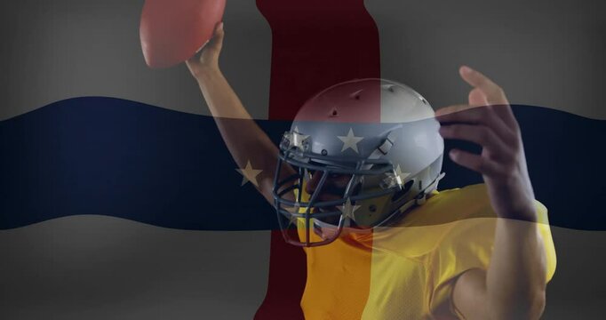 Throwing football, American player in animation with stars and stripes flag
