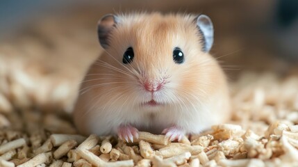 Cute Golden Hamster Portrait Sitting on Wood Shavings in Warm Light